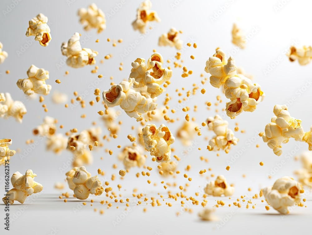 Explosive popcorn kernels floating and flying in dynamic motion captured in ultra HD against clean white background. Premium food photography for cinema and snack advertising. Explosive popcorn kernels floating and flying in dynamic motion captured in ultra HD against clean white background. Premium food photography for cinema and snack advertising.