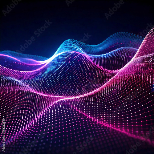 暗い背景にピンクと青のグラデーションで構成された波状のパターンが描かれています。小さな点が連続的に並び、デジタルや未来的な雰囲気を醸し出しています。流れるような動きと奥行き感が印象的です。