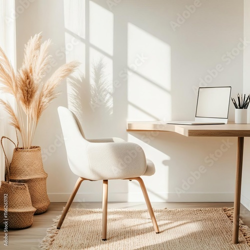 Simple study corner with an ergonomic chair, earthy tones, and natural textiles, sunlight providing an uplifting mood, minimalist setup, functional and organic photo