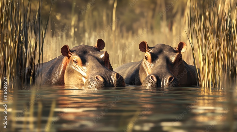 Fototapeta premium Hippos in Water Surrounded by Tall Grass