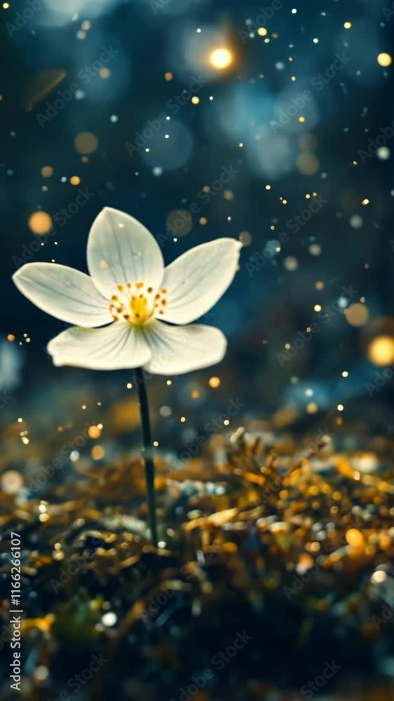 Delicate white flower blooming in a serene forest with shimmering particles at dusk Delicate white flower blooming in a serene forest with shimmering particles at dusk