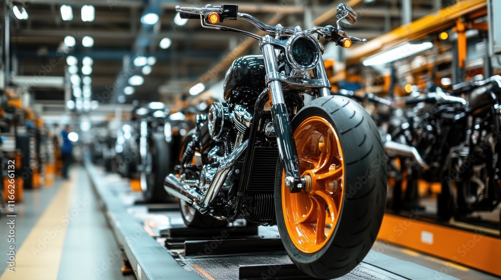 A clean motorcycle factory with production lines showcasing engines, frames, and wheels being assembled step by step. A clean motorcycle factory with production lines showcasing engines, frames, and wheels being assembled step by step.