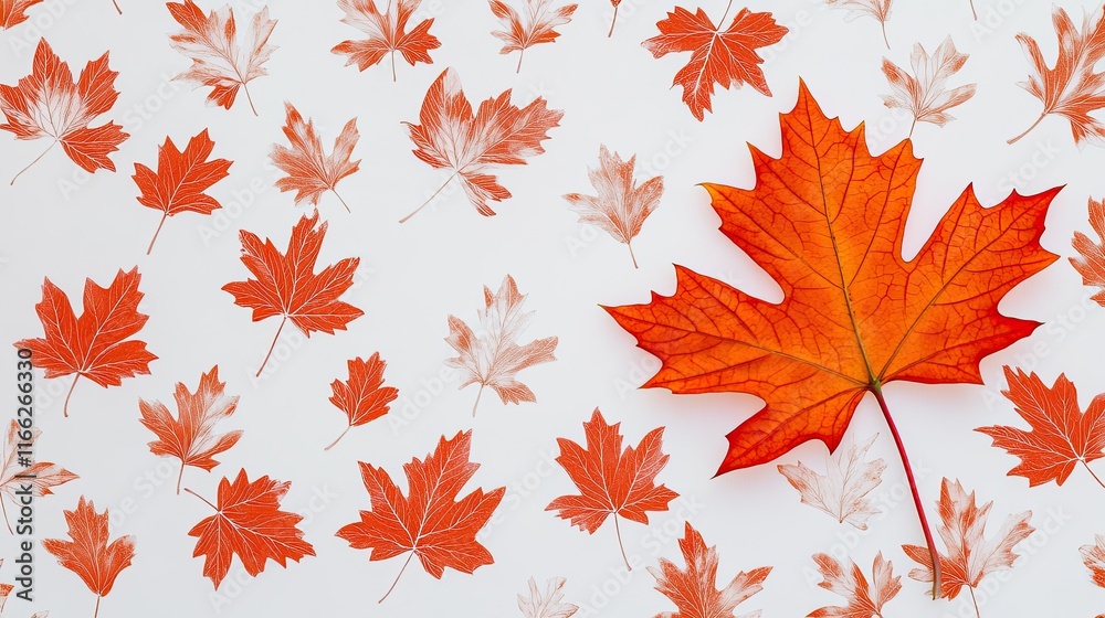 Fototapeta premium A faded Canadian maple leaf pattern overlaying a white background, with a single vibrant leaf in the foreground.