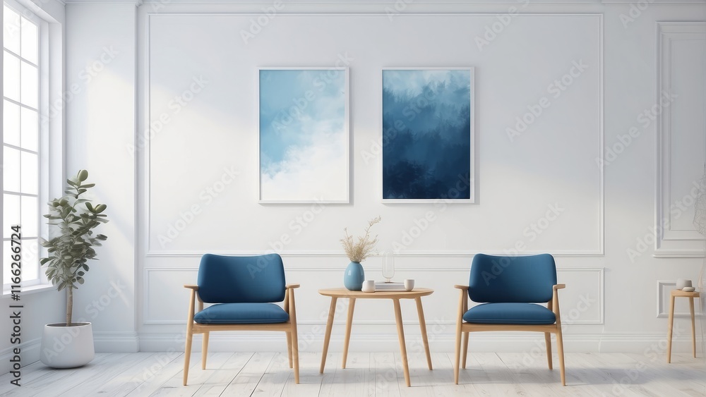 Fototapeta premium frame mockup in scandinavian dining room, minimal design on white and blue interior background