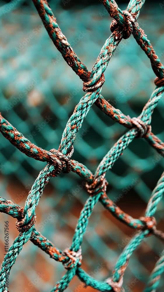 Detailed view of a textured fishing net showcasing wear and color variations in a coastal setting Detailed view of a textured fishing net showcasing wear and color variations in a coastal setting
