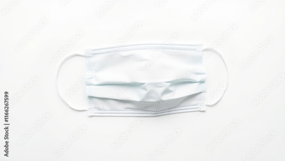 A single white disposable face mask rests on a white background A single white disposable face mask rests on a white background