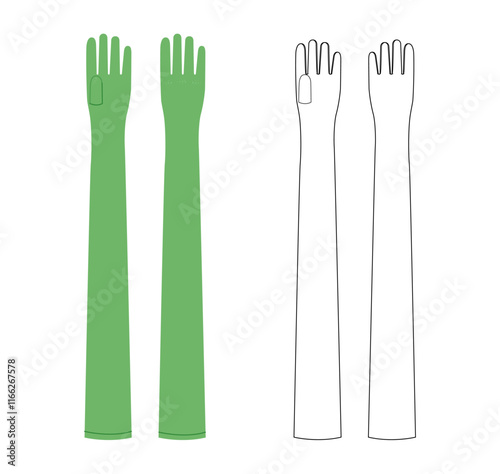 Extra Long Opera Gloves warm Underarm Maxi length boot type jade green cartoon and flat mockup Fashion hand accessory clothing technical illustration garment. Vector for Men, women style template