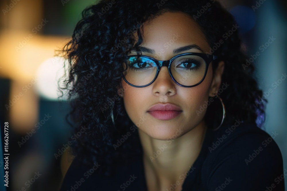 Portrait of a Confident Young Woman with Curly Hair and Glasses in a Softly Lit Environment, Exuding Intelligence and Style in a Contemporary Setting Portrait of a Confident Young Woman with Curly Hair and Glasses in a Softly Lit Environment, Exuding Intelligence and Style in a Contemporary Setting