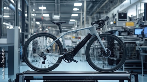 Engineers using advanced software to design bicycles in the CAD department of a manufacturing plant. photo