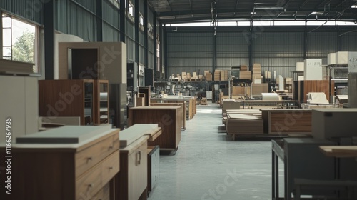 Final inspection area in a furniture factory where completed products are checked for quality and durability. photo