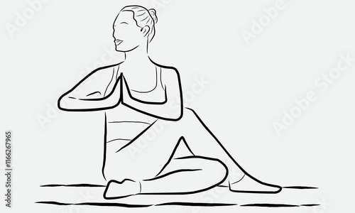 Vector illustration of a woman exercising yoga. Simple outline sketch of a lady pose for meditation on white background.