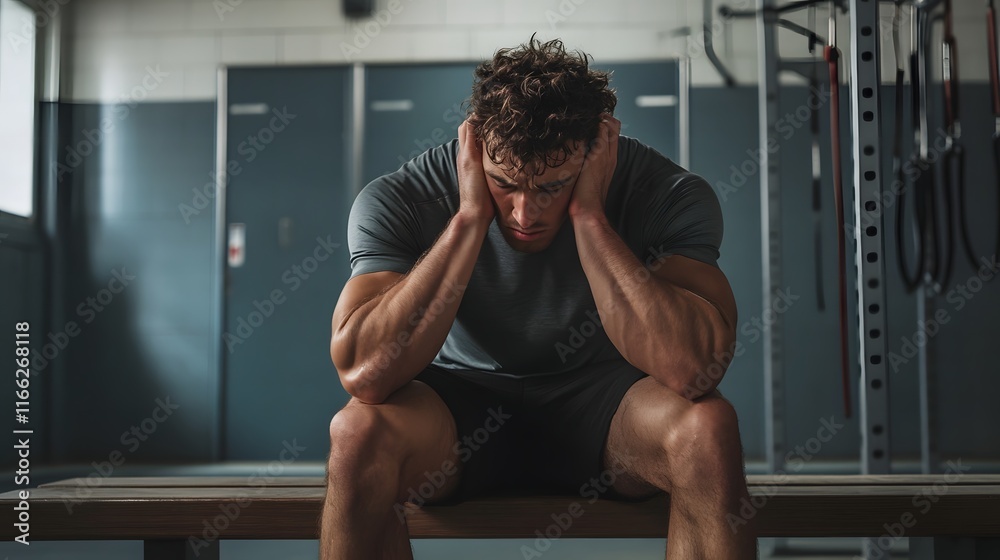 Obraz premium Athletic Man Sitting Dejectedly In A Gym Locker Room