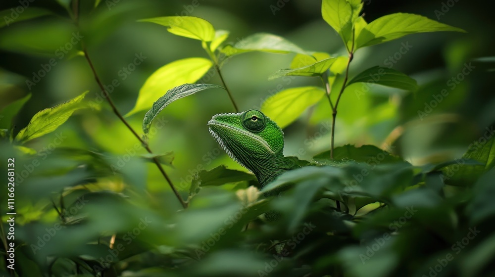 A green lizard camouflaged among lush leaves in a serene environment. A green lizard camouflaged among lush leaves in a serene environment.
