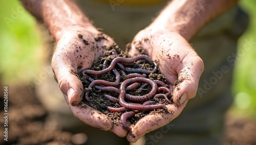 Hands Holding Earthworms and Soil: A Gardener's Close-Up View of Nature's Recyclers, Essential for Healthy Soil and Sustainable Gardening Practices. photo