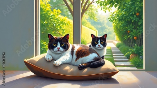 A relaxed Scottish Fold lounging on a plush cushion, its unique ears and chubby body highlighted by soft, ambient lighting in a minimalist interior.