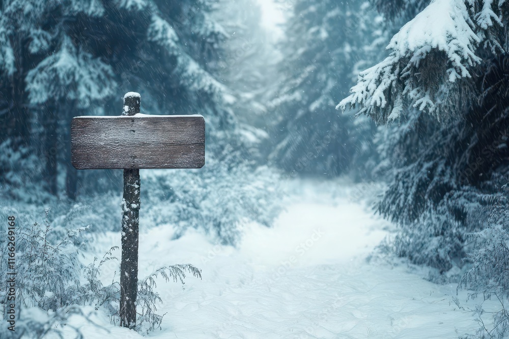 Fototapeta premium whimsical winter forest scene with empty wooden sign magical atmosphere