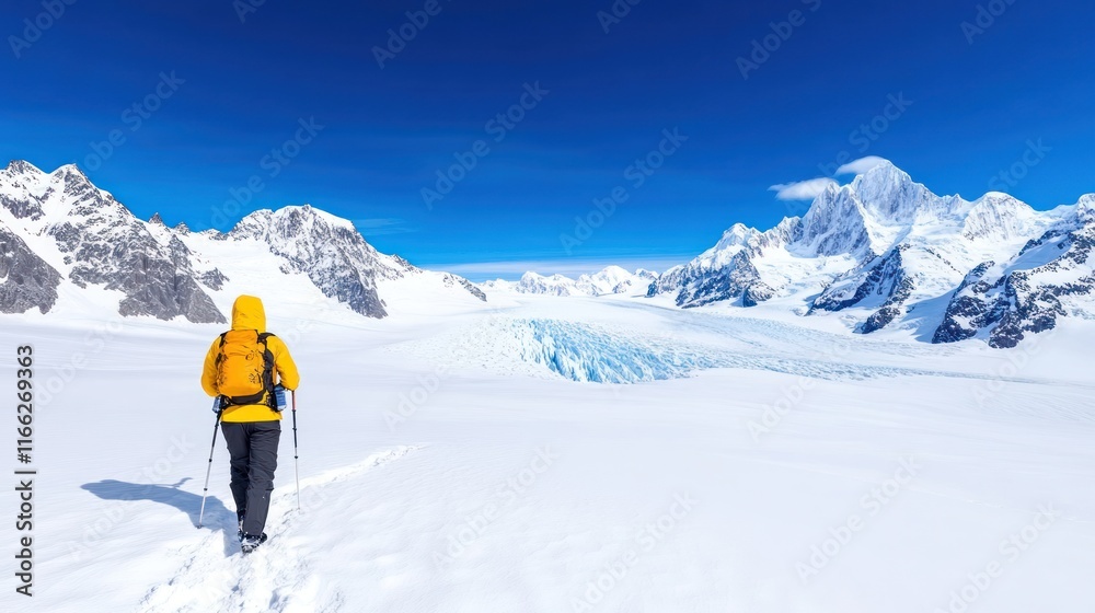 A hiker in a yellow jacket walks through a snowy mountain landscape. A hiker in a yellow jacket walks through a snowy mountain landscape.