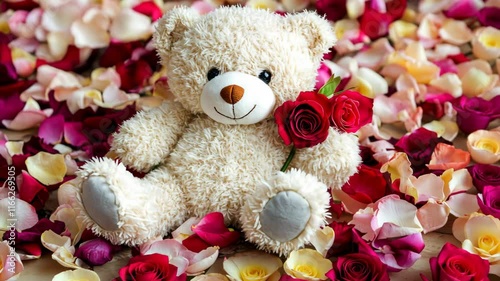 Cute teddy bear holding red roses surrounded by colorful rose petals in a romantic setting