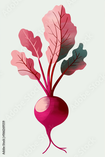 Beetroot growing with large pink and green leaves on light background