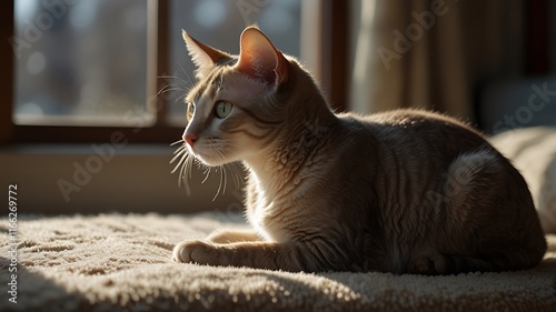 A playful shaved kitten with a curious gaze, pouncing on a small toy in a minimalist space with natural light streaming through nearby windows. photo