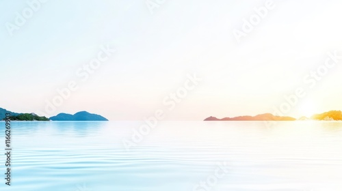 Serene seascape with calm waters and distant islands at sunset.