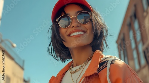 Stylish Woman Smiling Outdoors Wearing Sunglasses photo