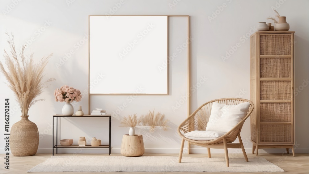 Obraz premium blank poster frame mock up in living room interior, modern furniture and wooden decorative