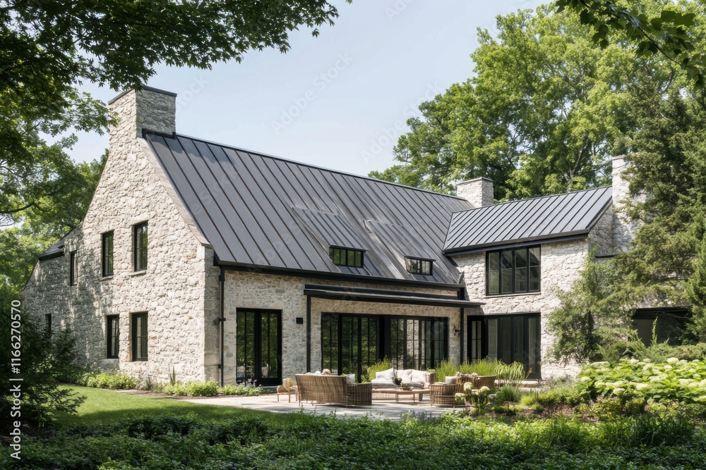 Charming modern stone house surrounded by lush greenery in a serene setting featuring a contemporary design with large windows and a cozy outdoor seating area Charming modern stone house surrounded by lush greenery in a serene setting featuring a contemporary design with large windows and a cozy outdoor seating area