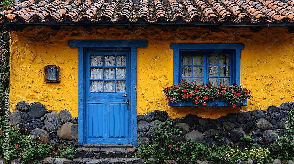 Vibrant yellow stucco house with blue door and window, stone base, red flowers. Vibrant yellow stucco house with blue door and window, stone base, red flowers.