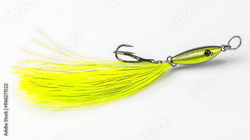 Green and yellow fishing lure with long, bright yellow feathers isolated on white background. photo