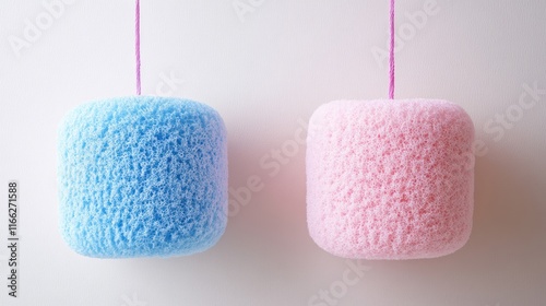 Pastel-Colored Sponges Hanging on a String
