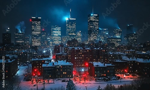 A nighttime cityscape with snow and illuminated skyscrapers creating a serene winter atmosphere.