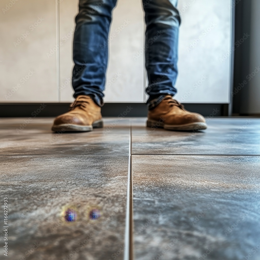 Man Standing on Stylish Grey Tile Floor Wearing Brown Boots Man Standing on Stylish Grey Tile Floor Wearing Brown Boots