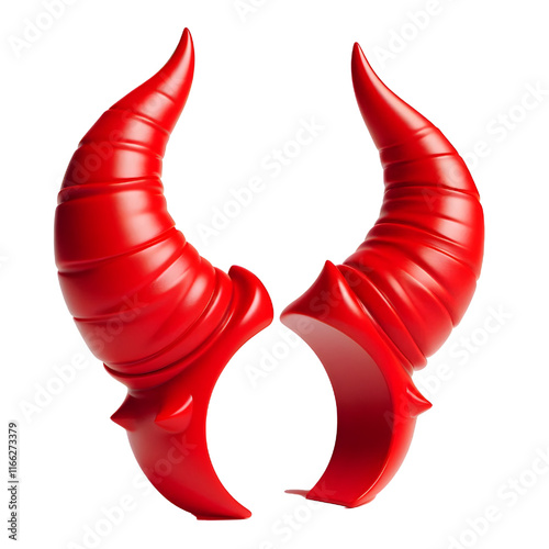 3D Halloween red devil horns. Cutout satan character horns design element isolated on white background