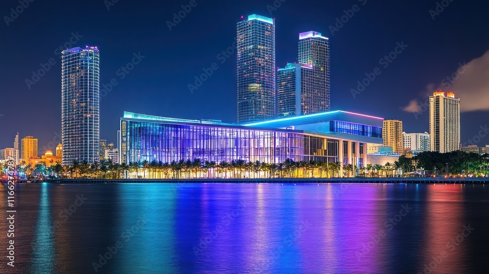 Night view of a modern cityscape with illuminated buildings and reflections on water. Night view of a modern cityscape with illuminated buildings and reflections on water.