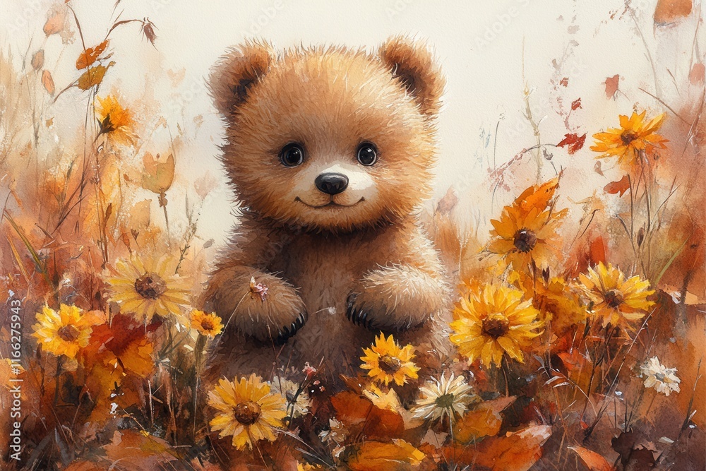 A cute bear surrounded by vibrant autumn flowers in a whimsical setting. A cute bear surrounded by vibrant autumn flowers in a whimsical setting.