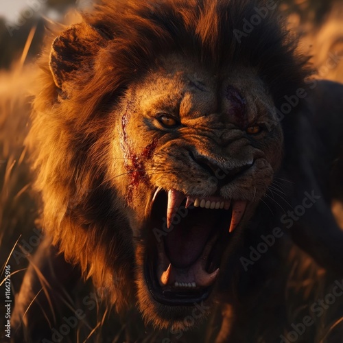 Scarred Lion Roaring in Golden Savannah Light