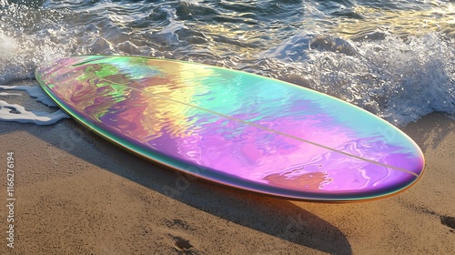 Iridescent surfboard on sandy beach near ocean wave. photo