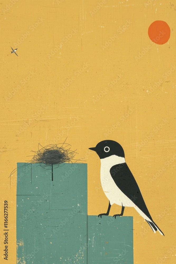 Fototapeta premium Swallow Bird on a Construction Site with Nest Against a Yellow Background Under a Bright Sun