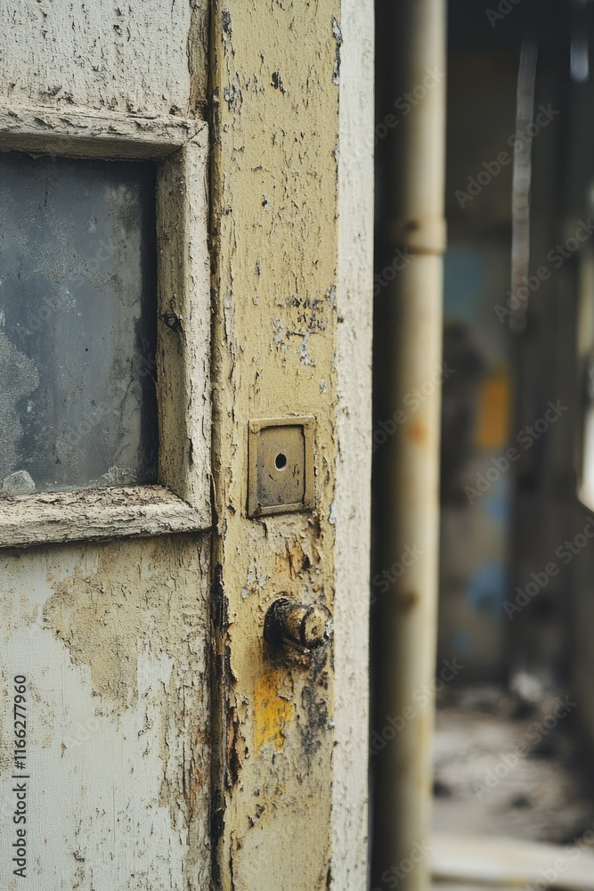 Weathered Door with Peeling Paint and Rusty Hardware in Abandoned Space Weathered Door with Peeling Paint and Rusty Hardware in Abandoned Space