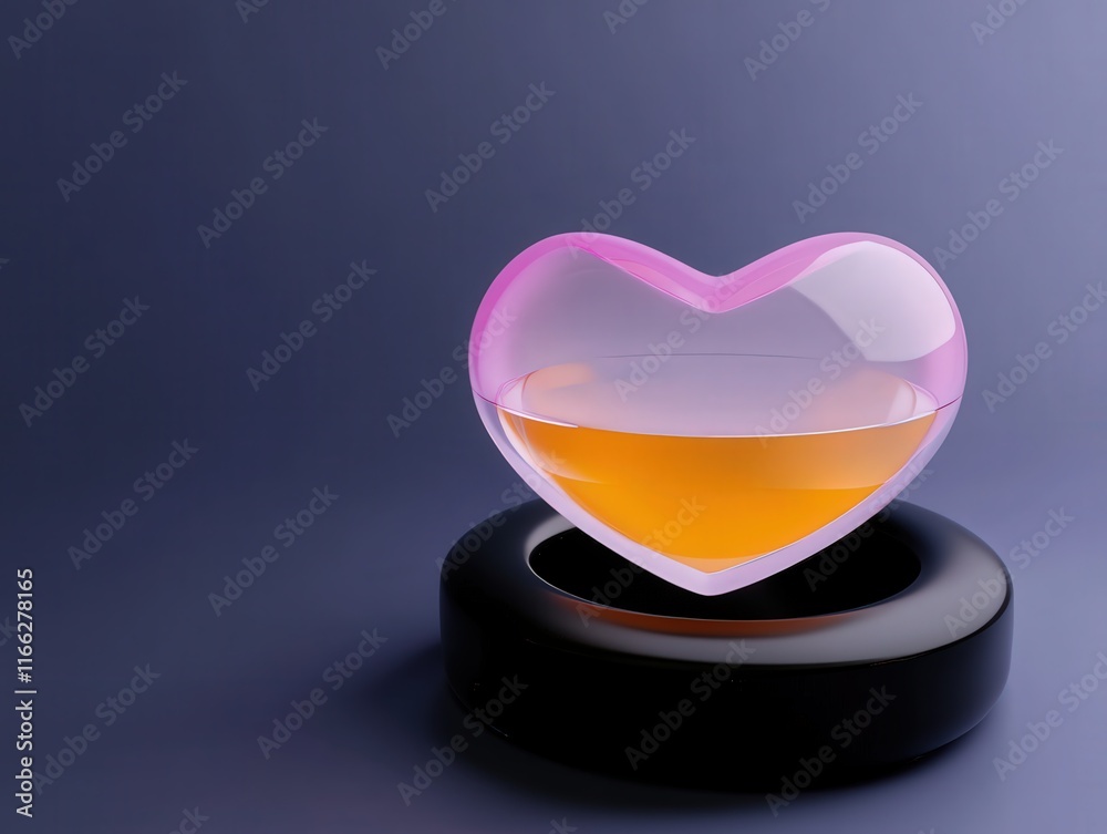 Heart-Shaped Glass Container with Colorful Liquid on Black and Gray Surface for Romantic and Creative Concepts Heart-Shaped Glass Container with Colorful Liquid on Black and Gray Surface for Romantic and Creative Concepts