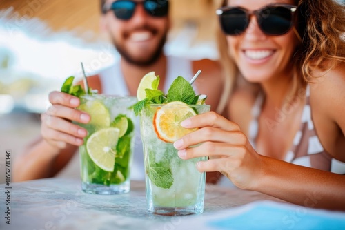 Couple enjoying refreshing mint cocktails on a sunny day at a beachside bar photo