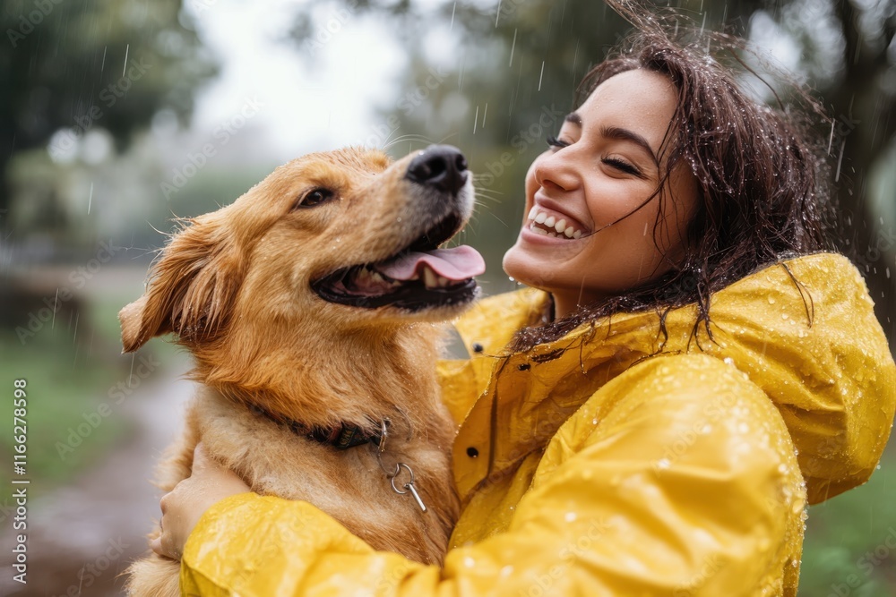 custom made wallpaper toronto digitalJoyful moments shared between a woman and her golden retriever in a rainy park