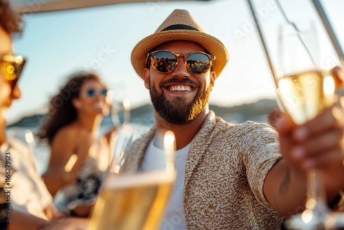 Friends enjoying champagne on a sunny boat party while laughing and soaking in the summer vibes photo