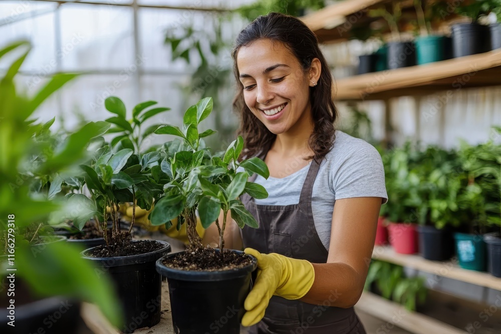 Smiling gardener tends to vibrant plants in a bright greenhouse during a sunny afternoon Smiling gardener tends to vibrant plants in a bright greenhouse during a sunny afternoon