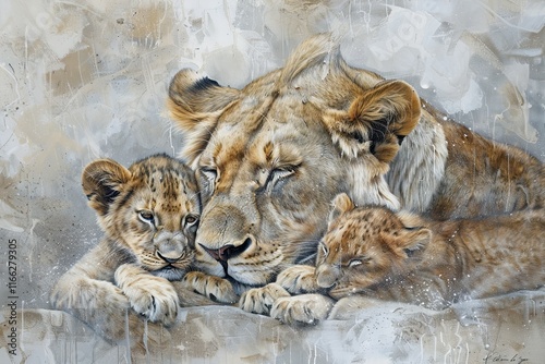 idea for a painting-Majestic lion family in grayscale, symbolizing unity and strength. photo