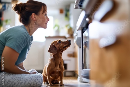 Wallpaper Mural Curiosity and anticipation unite as a woman and her dog await dinner in a cozy kitchen Torontodigital.ca