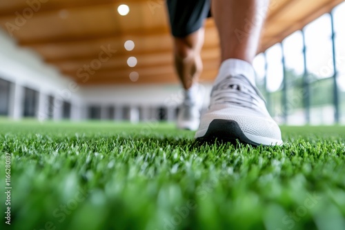 Runner accelerates on artificial turf in indoor sports facility during training session focused on improving speed and agility