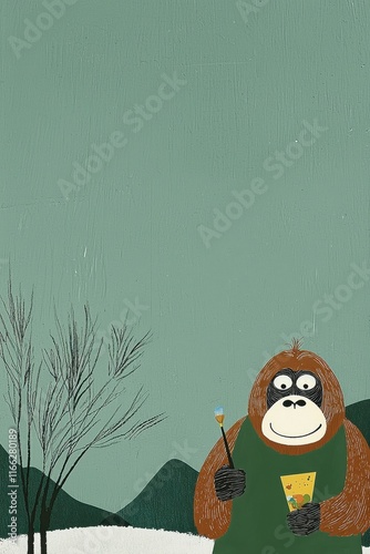 Charming Cartoon Orangutan in Artist Smock Holding Paintbrush and Palette Against a Serene Landscape photo