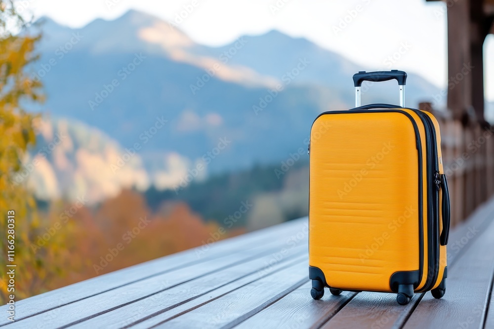 Bright yellow suitcase awaits adventure on a serene wooden deck with majestic mountains in the background during autumn Bright yellow suitcase awaits adventure on a serene wooden deck with majestic mountains in the background during autumn